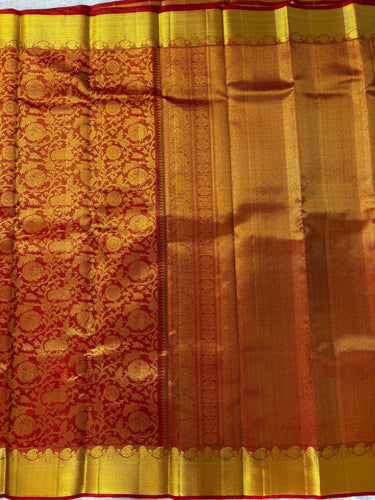 ShopNaya Exclusive | Metallic Brocade Kanchipuram Pure Silk Saree | Red | Pure Gold Zari | Handwoven | Ships from California